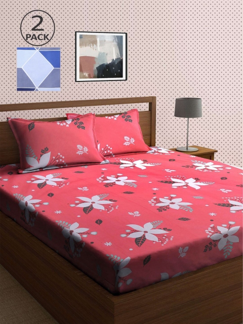 

KLOTTHE Coral & Blue Floral 210 TC 2 King Bedsheet with 4 Pillow Covers