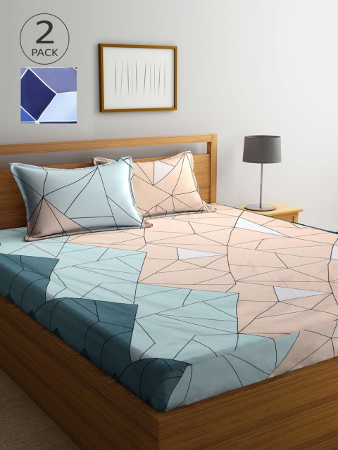 

KLOTTHE Peach-Coloured & Blue Geometric 210 TC 2 King Bedsheet with 4 Pillow Covers