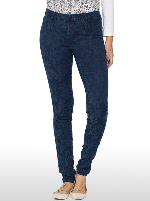 

Kraus Jeans Women K3072 Navy Floral Print Skinny Fit Midrise Jeggings, Navy blue