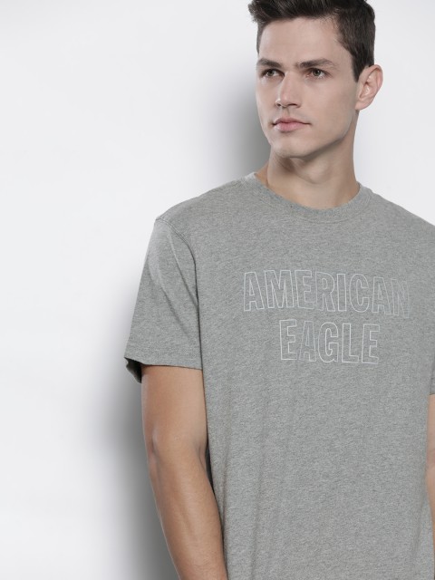 

AMERICAN EAGLE OUTFITTERS Men Grey Melange Brand Logo Printed Pure Cotton T-shirt