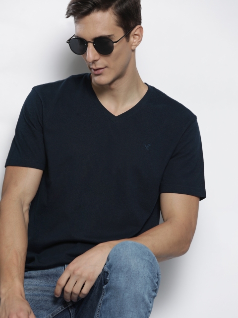 

AMERICAN EAGLE OUTFITTERS Men Navy Blue Pure Cotton V-Neck T-shirt
