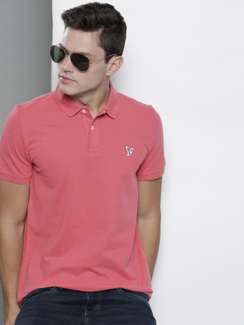 

AMERICAN EAGLE OUTFITTERS Men Pink Solid Polo Collar T-shirt