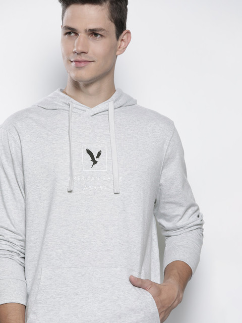 

AMERICAN EAGLE OUTFITTERS Men Grey Melange Pure Cotton Printed Detail Hooded T-shirt