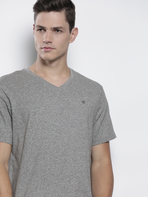 

AMERICAN EAGLE OUTFITTERS Men Grey Melange Pure Cotton V-Neck T-shirt