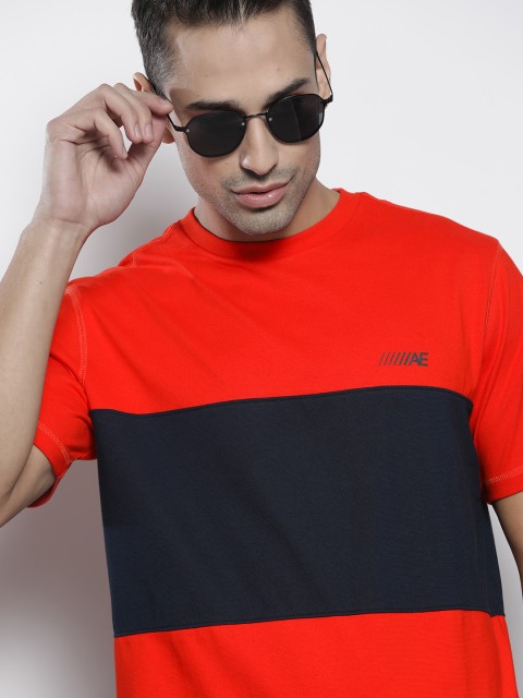 

AMERICAN EAGLE OUTFITTERS Men Red & Navy Blue Colourblocked T-shirt