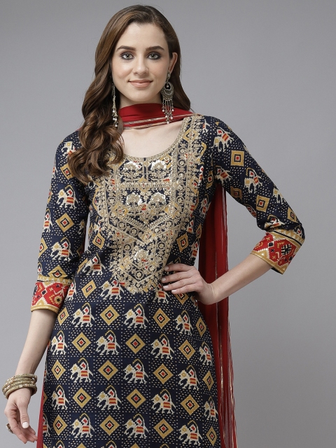 

Indo Era Navy Blue & Gold Ethnic Motifs Foil Print Zari Straight Kurta Palazzos & Dupatta