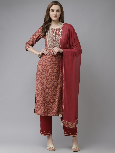 

Indo Era Pink & Orange Ethnic Motifs Printed Zari Straight Kurta with Trousers & Dupatta