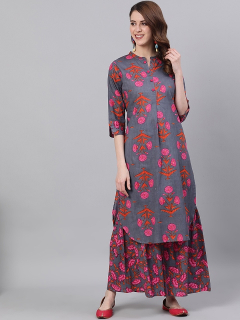 

antaran Women Grey & Pink Floral Printed Pure Cotton Kurta with Sharara