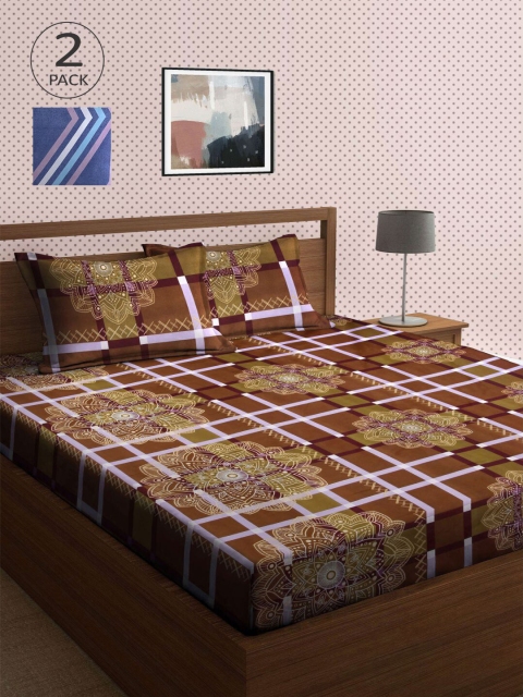 

KLOTTHE Multi Blue Geometric 210 TC 2 King Bedsheet with 4 Pillow Covers, Brown