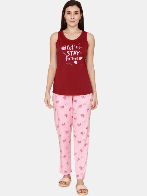 

Zivame Women Pink & Red Printed Night suit