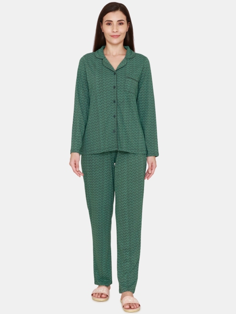 

Zivame Women Green & Black Printed Night suit