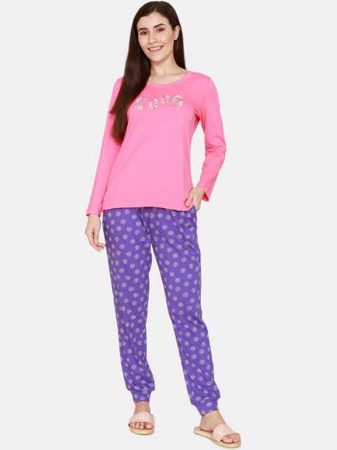 

Zivame Women Purple & Pink Printed Pure Cotton Night suit