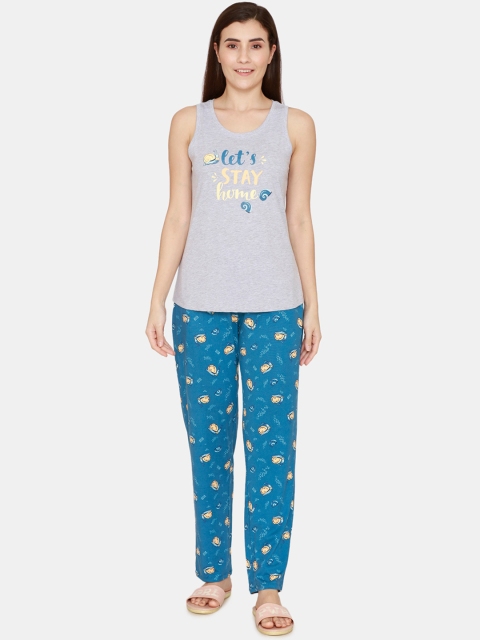 

Zivame Women Blue & Grey Printed Night suit