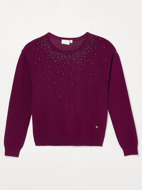 

Bossini Girls Burgundy Pullover Sweater with Embellished Detail