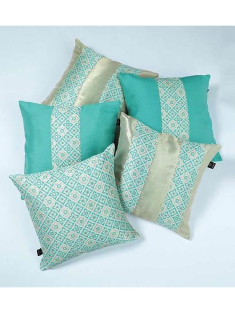 

Lushomes Turquoise Blue & Gold-Toned Set of 5 Geometric Square Cushion Covers