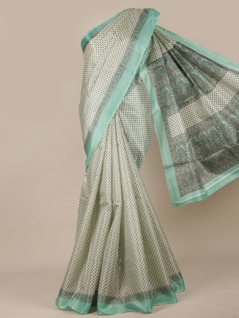 

Pothys Cream-Coloured & Turquoise Blue Floral Printed Saree