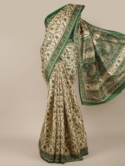 

Pothys Cream-Coloured & Green Floral Cotton Blend Saree