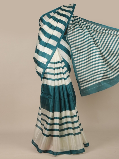 

Pothys Off White & Teal Striped Cotton Blend Saree