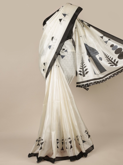 

Pothys Off White & Black Warli Printed Cotton Blend Saree