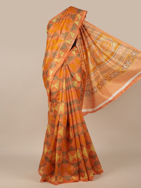 

Pothys Orange & Green Geometric Printed Cotton Blend Saree