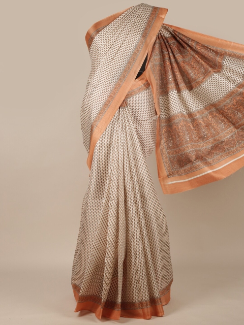 

Pothys Cream-Coloured & Tan Cotton Blend Floral Saree