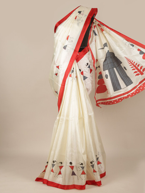 

Pothys Off White & Red Ethnic Motifs Printed Cotton Blend Saree