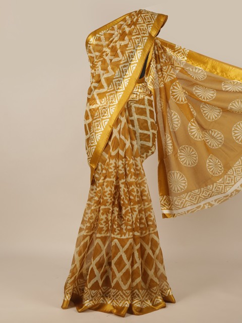 

Pothys Mustard Yellow & Off White Geometric Printed Saree