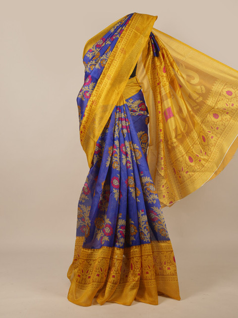 

Pothys Blue & Mustard Floral Printed Saree