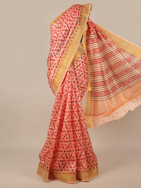

Pothys Peach-Coloured & Brown Cotton Blend Saree