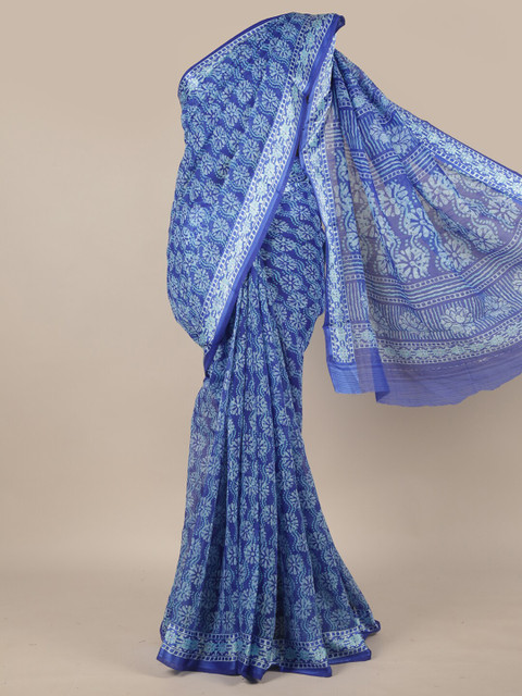

Pothys Blue & White Cotton Blend Floral Saree