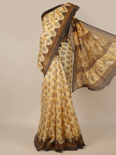 

Pothys Cream-Coloured & Brown Cotton Blend Floral Saree