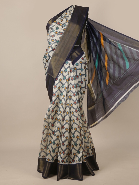 

Pothys Cream-Coloured & Grey Ethnic Motifs Printed Zari Saree