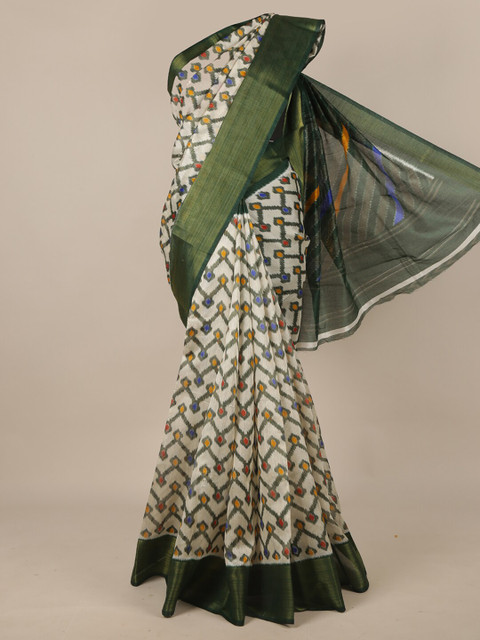 

Pothys Cream-Coloured & Green Geometric Printed Zari Saree