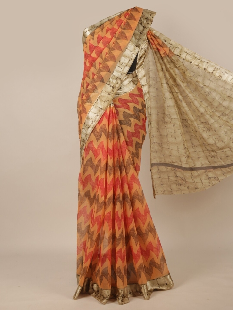 

Pothys Peach-Coloured & Red Cotton Blend Saree