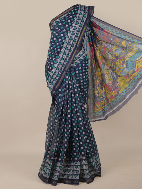 

Pothys Blue & White Zari Cotton Blend Saree