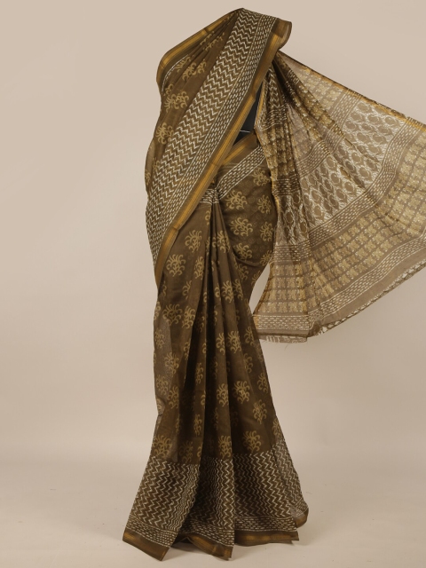 

Pothys Olive Green & White Floral Zari Saree