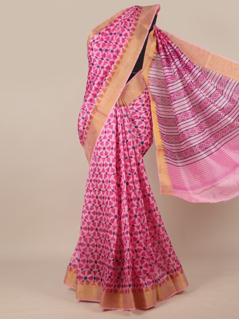 

Pothys Pink & Navy Blue Zari Cotton Blend Saree