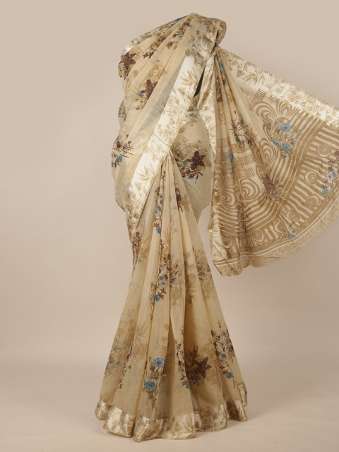 

Pothys Cream-Coloured & Blue Floral Printed Saree