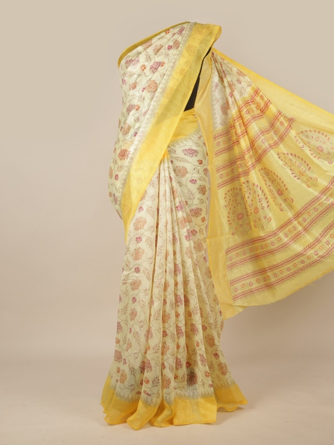 

Pothys Yellow & Magenta Floral Cotton Blend Saree