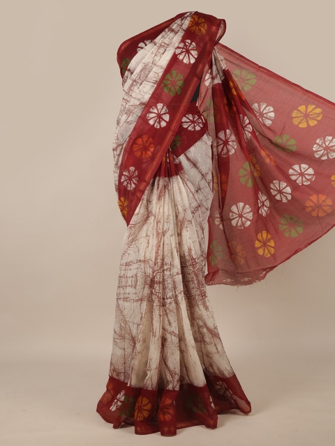 

Pothys Cream-Coloured & Red Cotton Blend Floral Zari Heavy Work Saree