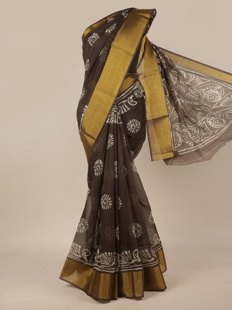 

Pothys Brown & White Cotton Blend Floral Zari Saree