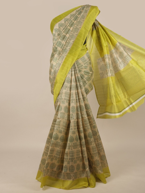 

Pothys Cream-Coloured & Green Ethnic Motifs Cotton Blend Saree