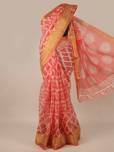 

Pothys Pink & White Cotton Blend Ethnic Motifs Zari Saree
