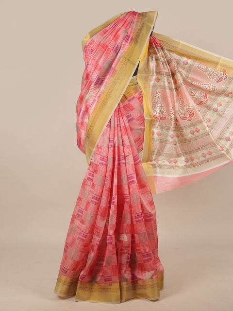 

Pothys Pink & Yellow Cotton Blend Floral Zari Saree