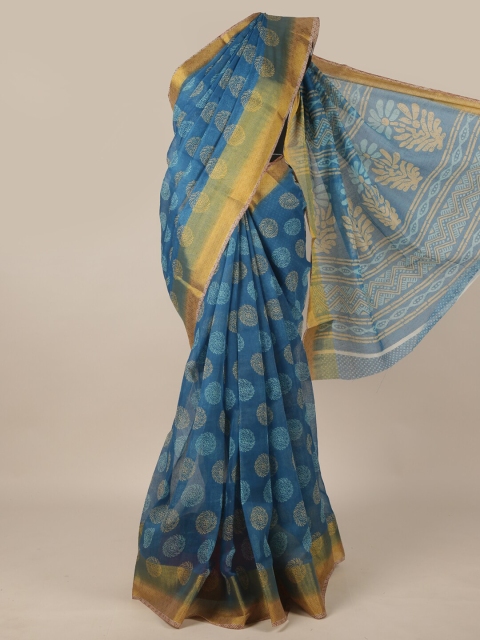 

Pothys Blue & Yellow Cotton Blend Ethnic Motifs Zari Saree