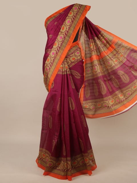 

Pothys Burgundy & Orange Floral Printed Cotton Blend Saree