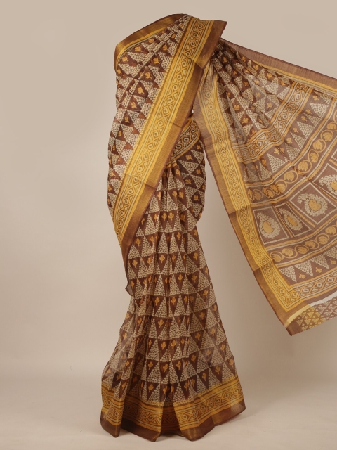 

Pothys Brown & Mustard Yellow Ethnic Motifs Printed Zari Saree