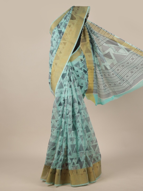 

Pothys Blue & Gold-Toned Cotton Blend Zari Saree