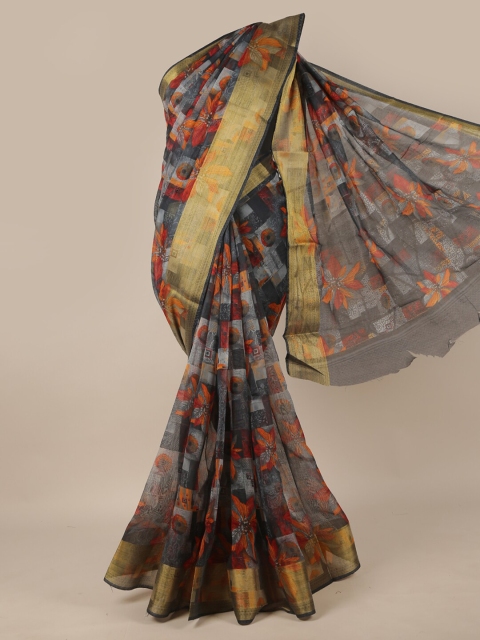 

Pothys Grey & Orange Floral Saree