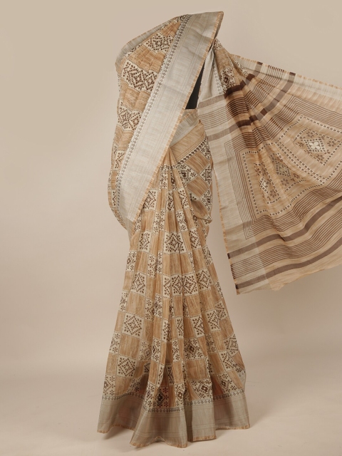 

Pothys Cream-Coloured & Brown Printed Saree